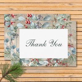 Cartão De Agradecimento Casamento Dourado com Greenery de Natal