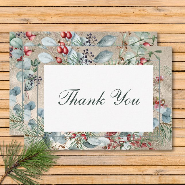 Cartão De Agradecimento Casamento Dourado com Greenery de Natal (Winter Christmas Greenery Gold Wedding Thank You Card)