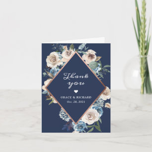 Cartão De Agradecimento Casamento Dourado com Rosa Floral Neutro Azul mari