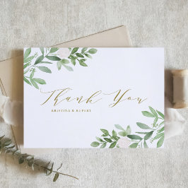 Cartão De Agradecimento Casamento Dourado de Aquarela Verde e Flores Branc