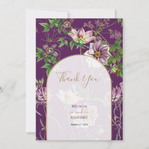 Cartão De Agradecimento Casamento Dourado de Arca com Verde Floral Roxo