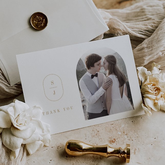 Cartão De Agradecimento Casamento Dourado de Foto Clássico Formal SHYLAH (SHYLAH Flat Formal Classic Boho Gold Photo Wedding Thank You Card)