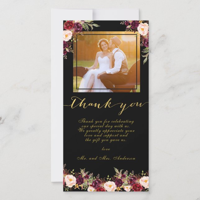 Cartão De Agradecimento Casamento Dourado de Foto Floral Black Burgundy Ob (Frente)
