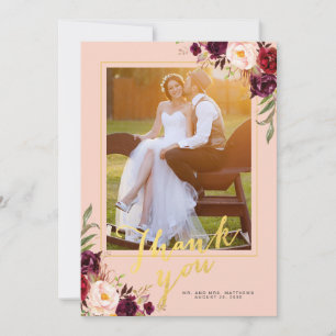 Cartão De Agradecimento Casamento Dourado de Foto Rosa Blush Floral Burgun
