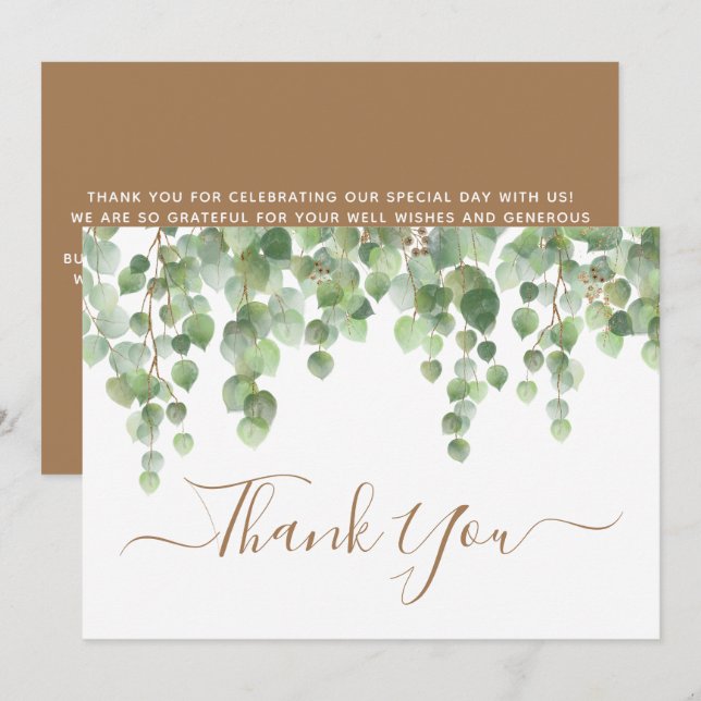 Cartão De Agradecimento Casamento Dourado de Manuscrito Verde Eucalyptus W (Frente/Verso)