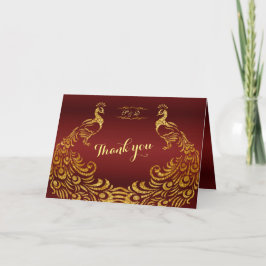 Cartão De Agradecimento Casamento Dourado de Peacock Real Burgundy OBRIGAD