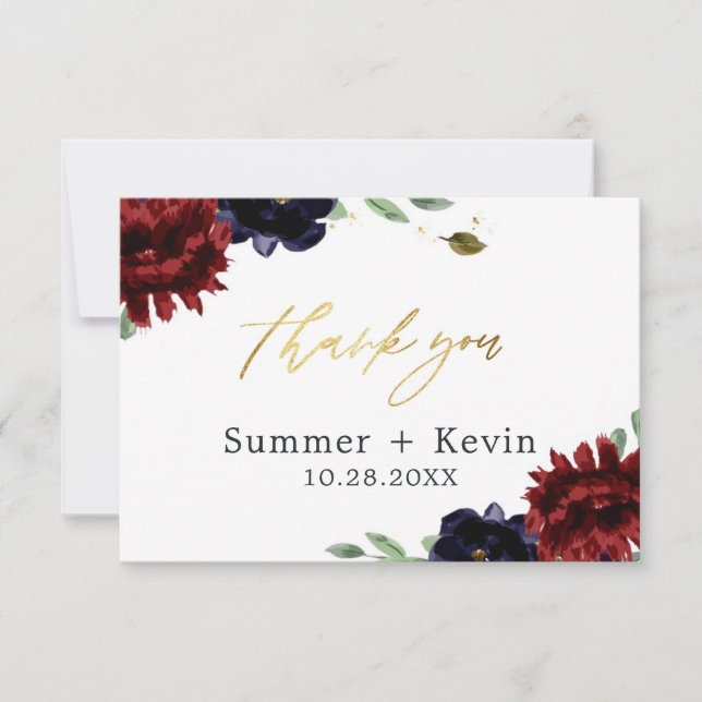 Cartão De Agradecimento Casamento Dourado de Peony Marinho Burgundy Obriga (Frente)