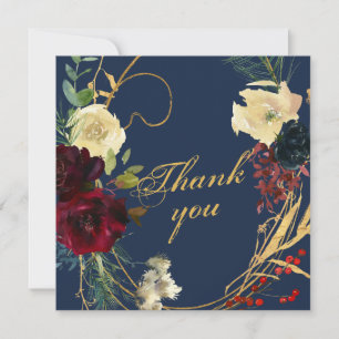 Cartão De Agradecimento Casamento Dourado de Rosas Florais de Azul