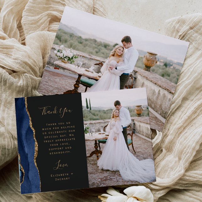 Cartão De Agradecimento Casamento Dourado de Script de Agate Azul com Mari (Criador carregado)