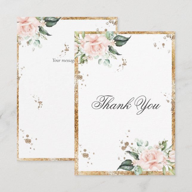 Cartão De Agradecimento Casamento Dourado de Script Rosa Floral Elegante (Frente/Verso)