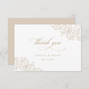 Cartão De Agradecimento Casamento Dourado de Script Vintage Floral Beige
