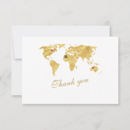 Cartão De Agradecimento Casamento Dourado do Mapa Mundial de Destino Elega