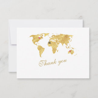 Cartão De Agradecimento Casamento Dourado do Mapa Mundial de Destino Elega