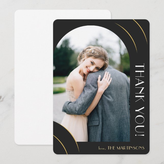 Cartão De Agradecimento Casamento Dourado e negro elegante (Frente/Verso)