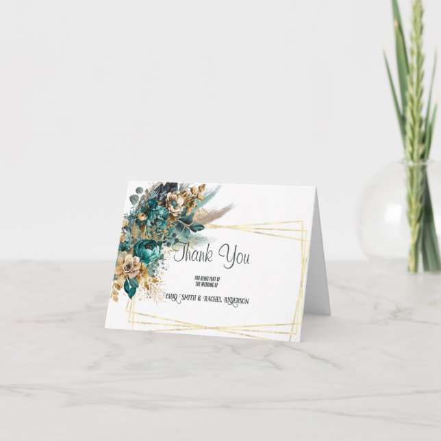 Cartão De Agradecimento Casamento Dourado e Teal (Frente)