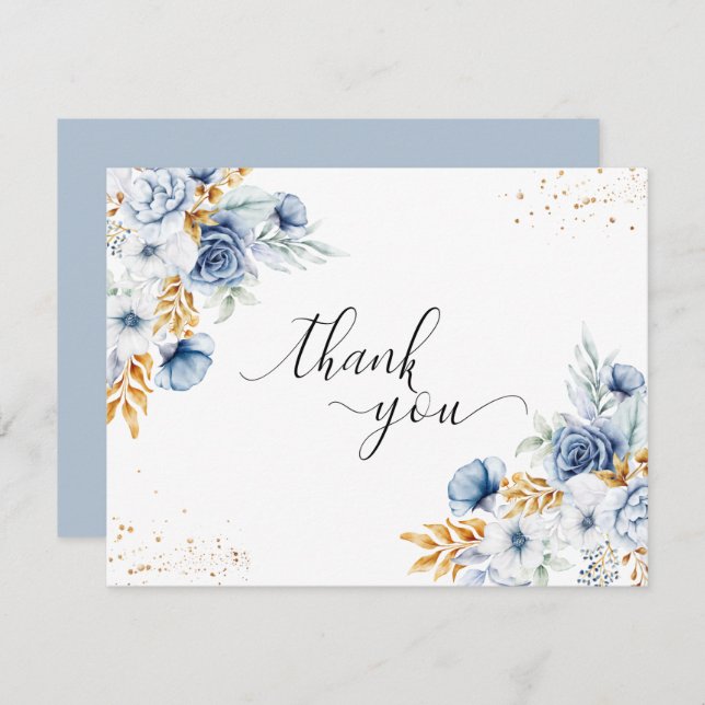 Cartão De Agradecimento Casamento Dourado Floral Branco Dusty Blue (Frente/Verso)