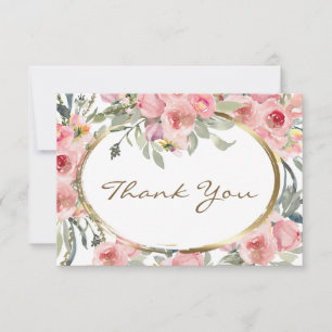 Cartão De Agradecimento Casamento Dourado Floral Cor-de-Rosa Esbranquiçad