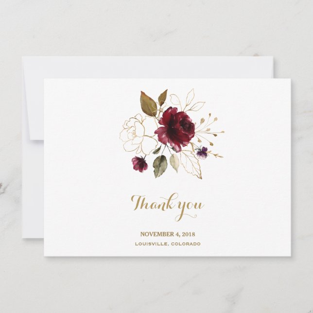 Cartão De Agradecimento Casamento Dourado Floral Elegante Burgundy Obrigad (Frente)
