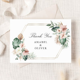 Cartão De Agradecimento Casamento Dourado Geométrico com Blush Floral Trop