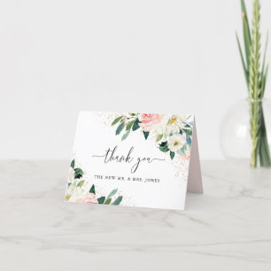 Cartão De Agradecimento Casamento Dourado por Aquarela Floral de Pêssego