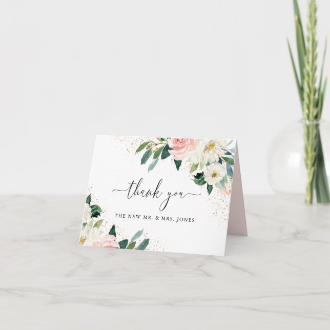 Cartão De Agradecimento Casamento Dourado por Aquarela Floral de Pêssego (Frente)