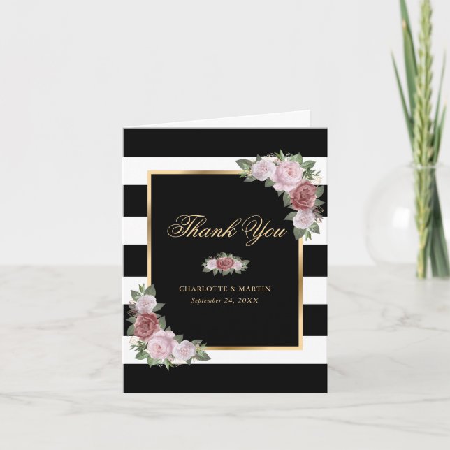 Cartão De Agradecimento Casamento Dourado Rosa Rosa-Rosa-Esbranquiçado Mod (Frente)