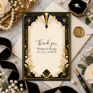 Cartão De Agradecimento Casamento Elegante Art Deco com Peônia Dourada
