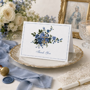 Cartão De Agradecimento Casamento Elegante Azul Floral Religioso