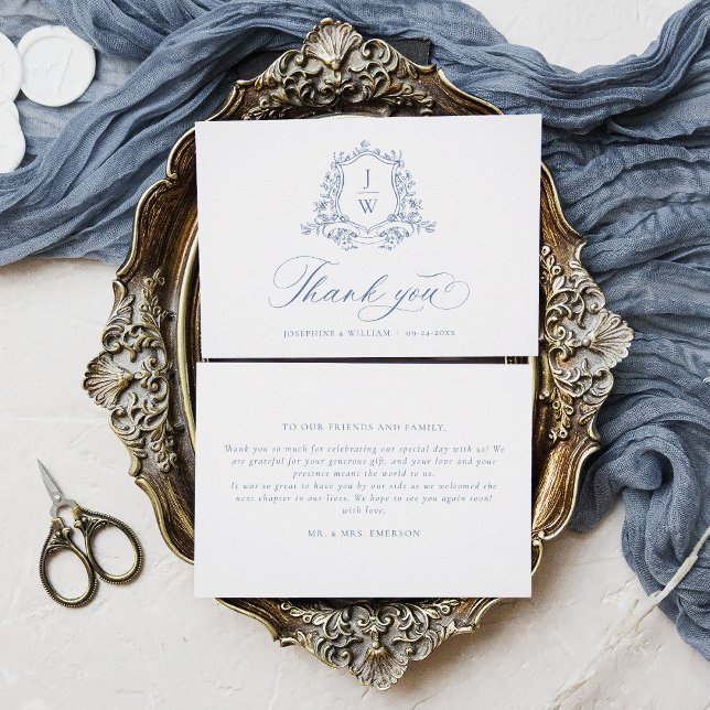 Cartão De Agradecimento Casamento Elegante Azul Prurido do Monograma Tradi (Criador carregado)