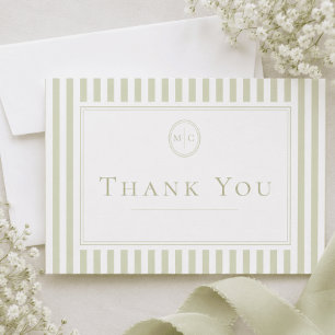 Cartão De Agradecimento Casamento Elegante Clássico com Listras Verde Sage