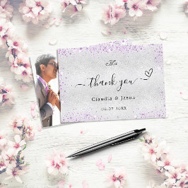 Cartão De Agradecimento Casamento elegante com foto roxa prateada