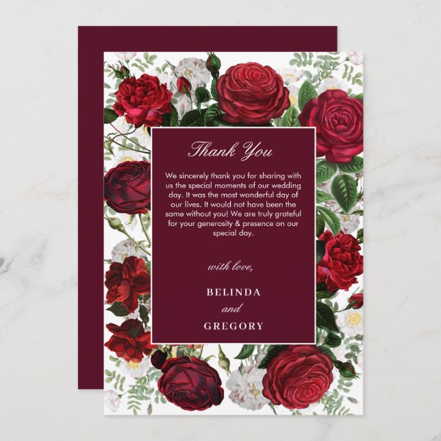 Cartão De Agradecimento Casamento Elegante De Aquarela Floral Moderna Burg (Frente/Verso)