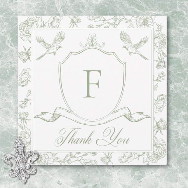 Cartão De Agradecimento Casamento Elegante de Chinoiserie Bird & Crest (Elegant Green Chinoiserie Bird & Crest Wedding Thank You Card)