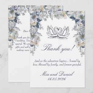 Cartão De Agradecimento Casamento Elegante de Cisne Branco e Azul Empoeira