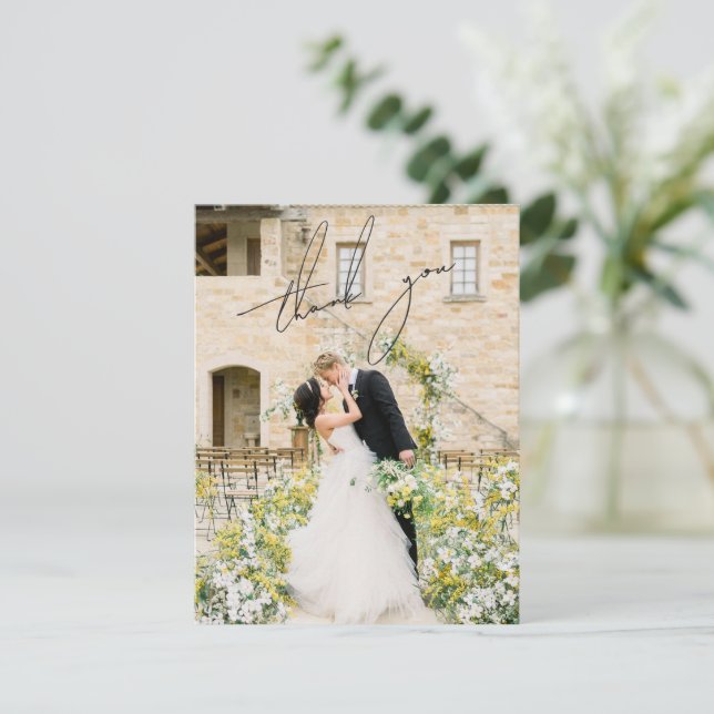 Cartão De Agradecimento Casamento Elegante de Foto Branco e Preto Clássico (Em pé/Frente)