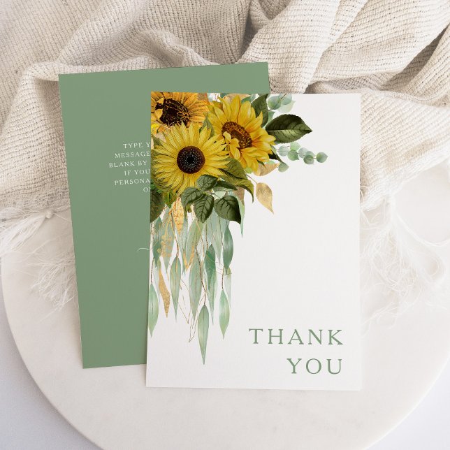 Cartão De Agradecimento Casamento Elegante de Girassóis (Floral Sunflower Eucalyptus Sage Green Wedding Thank You Card)