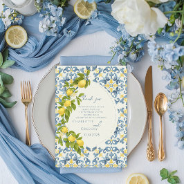 Cartão De Agradecimento Casamento Elegante De Limão Azulejo Azul Italiano