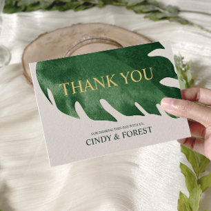 Cartão De Agradecimento Casamento Elegante de Monstera Verde Tropical Leaf