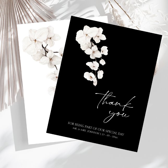 Cartão De Agradecimento Casamento Elegante de Orquídeas Negra e Branca Obr (Modern Black and White Orchids Flowers Wedding Thank You Card)