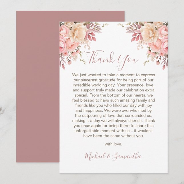 Cartão De Agradecimento Casamento Elegante de Rosa e Rosa de Marfim (Frente/Verso)