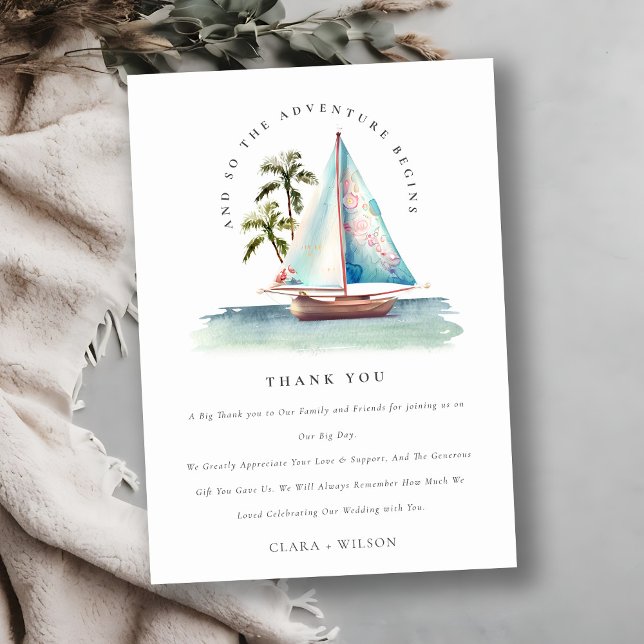 Cartão De Agradecimento Casamento Elegante Dusky Teal Sailboat Palm Seasca (Criador carregado)