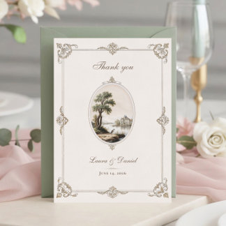Cartão De Agradecimento Casamento Elegante em Castelo Francês Vintage