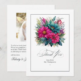 Cartão De Agradecimento Casamento Elegante em Fuchsia e Verde Esmeralda