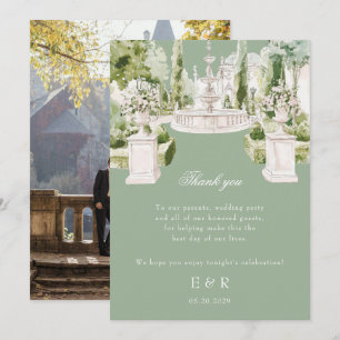 Cartão De Agradecimento Casamento Elegante em Jardim de Mansão com Aquarel
