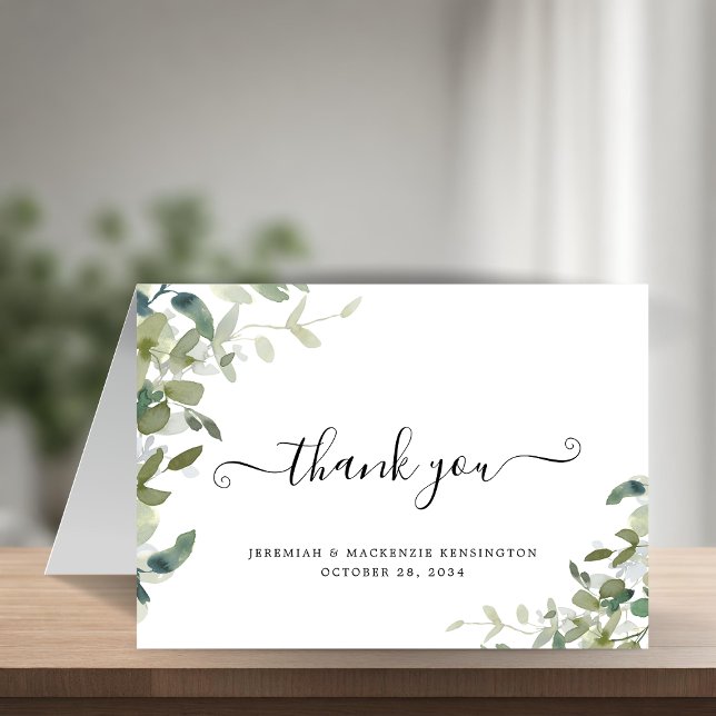 Cartão De Agradecimento Casamento Elegante Eucalyptus Greenery Script (Elegant Eucalyptus Greenery Script Wedding Thank You Card)
