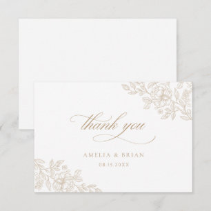 Cartão De Agradecimento Casamento Elegante Floral Bege Dourado Script
