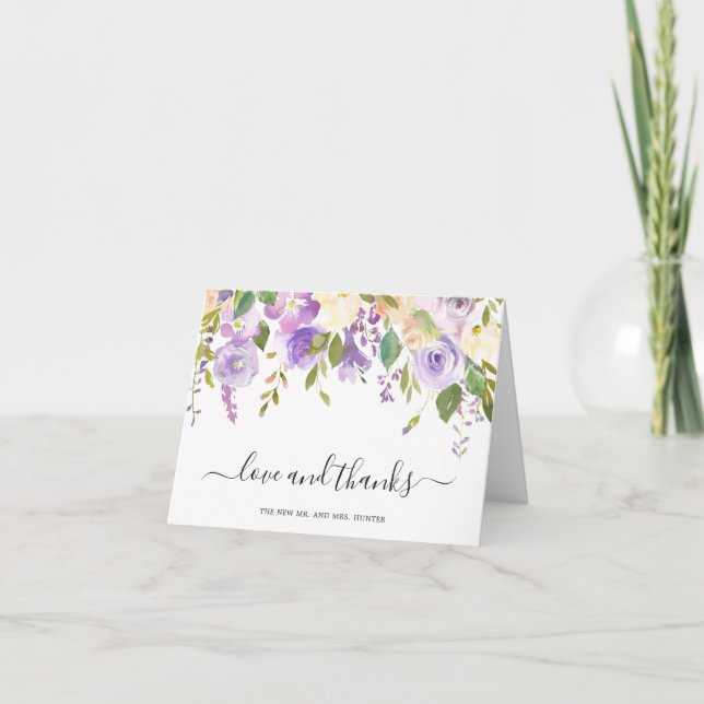 Cartão De Agradecimento Casamento Elegante Floral de Lilac Watercolor (Frente)
