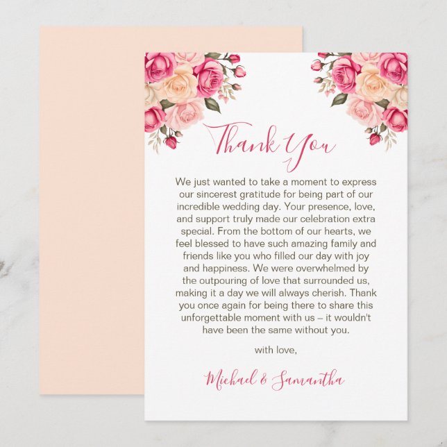 Cartão De Agradecimento Casamento Elegante Fucia Pink e Ivory Rosa (Frente/Verso)