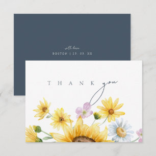 Cartão De Agradecimento Casamento Elegante Girassol Azul Ardósia
