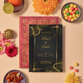 Cartão De Agradecimento Casamento Elegante Preto e Dourado Moderno Salve a